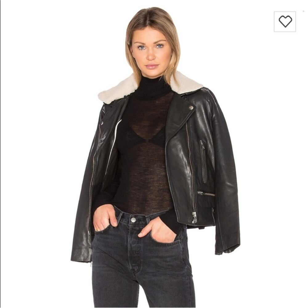 MKT Studio Black Vulcania Leather Jacket with Removable Faux Sherpa Collar